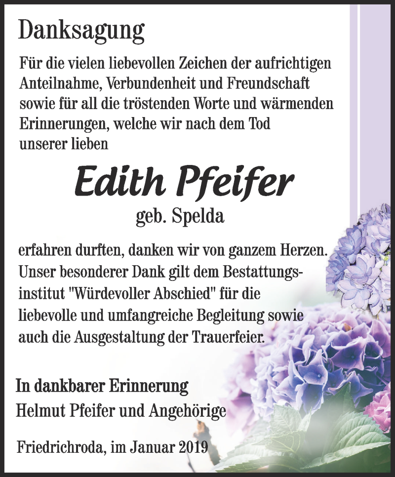 Traueranzeigen Von Edith Pfeifer Trauer In Thueringen De