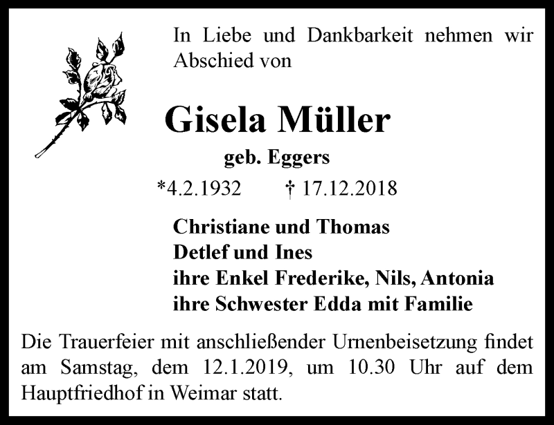 Traueranzeigen Von Gisela M Ller Trauer In Thueringen De