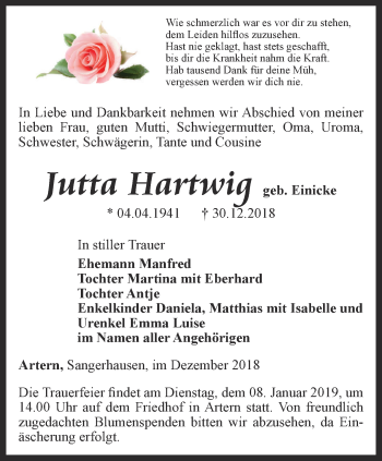 Traueranzeigen Von Jutta Hartwig Trauer In Thueringen De