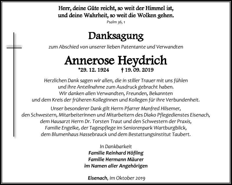 Traueranzeigen Von Annerose Heydrich Trauer In Thueringen De