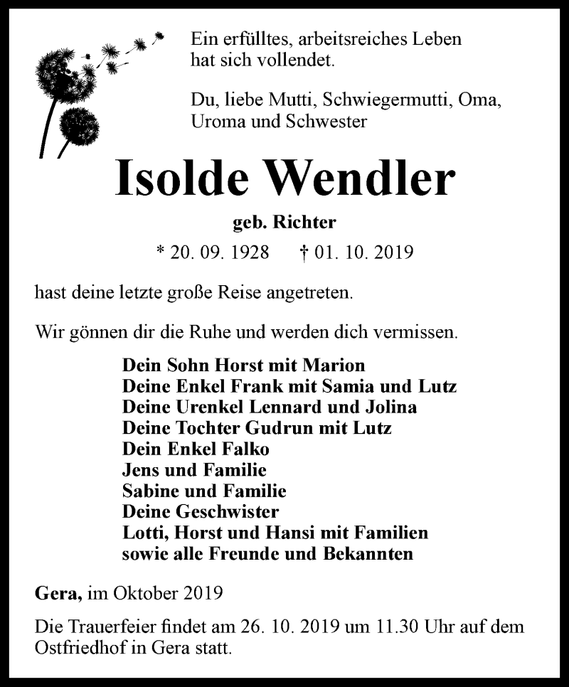 Traueranzeigen Von Isolde Wendler Trauer In Thueringen De