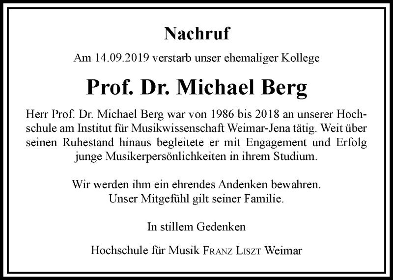  Traueranzeige für Michael Berg vom 12.10.2019 aus Thüringer Allgemeine, Thüringische Landeszeitung