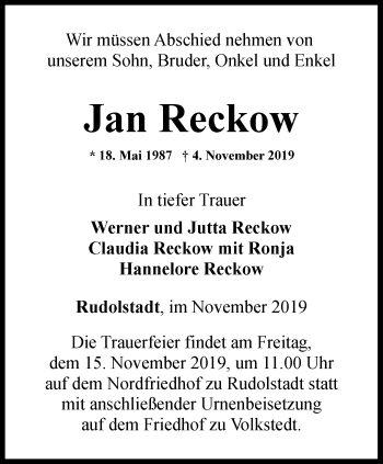 Traueranzeigen Von Jan Reckow Trauer In Thueringen De