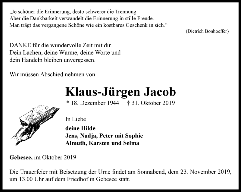 Traueranzeigen Von Klaus J Rgen Jacob Trauer In Thueringen De