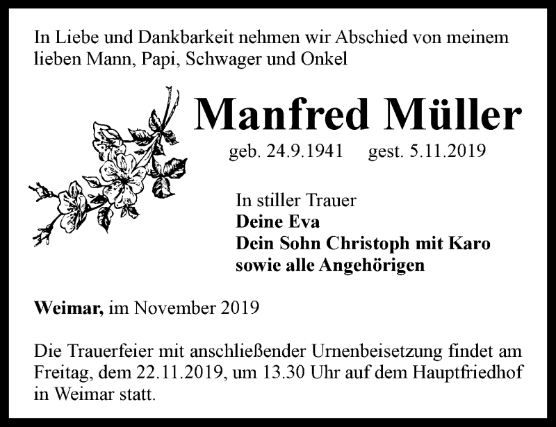 Traueranzeigen von Manfred Müller trauer in thueringen de