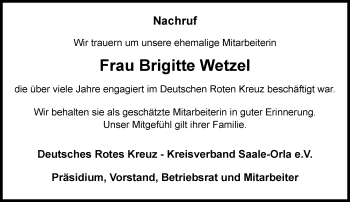 Traueranzeigen Von Brigitte Wetzel Trauer In Thueringen De