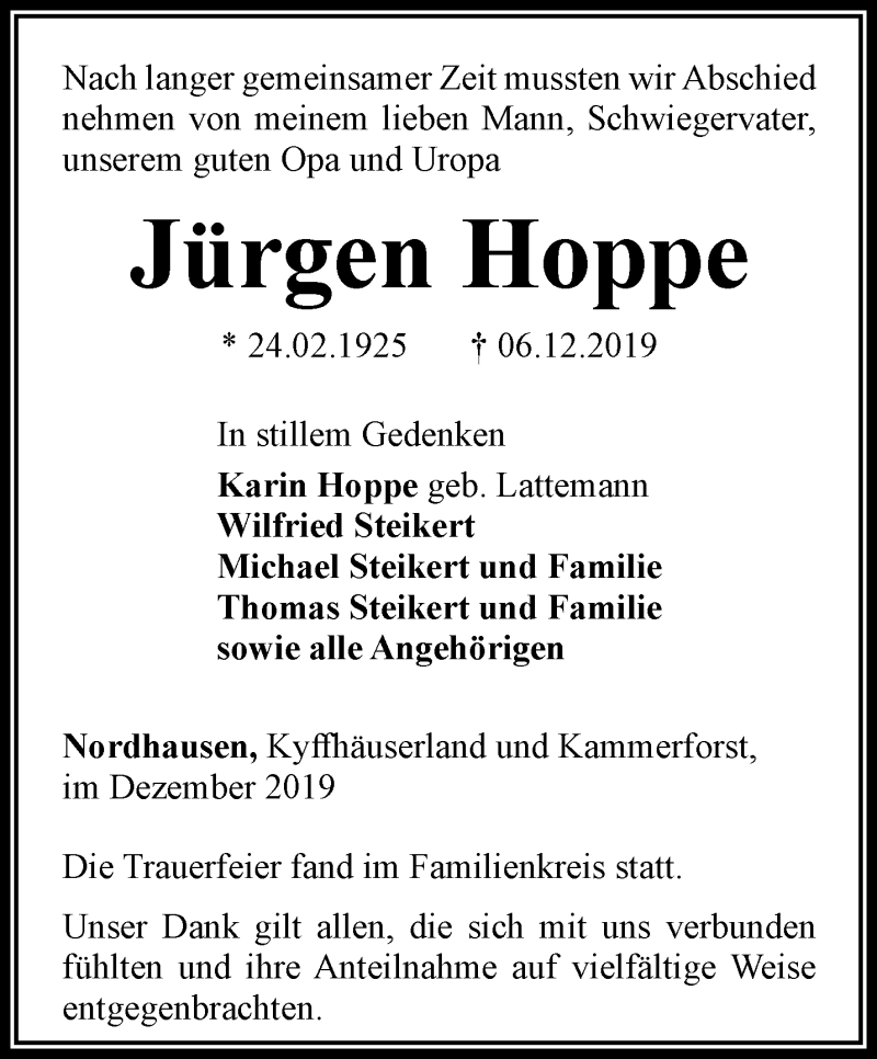 Traueranzeigen von Jürgen Hoppe trauer in thueringen de