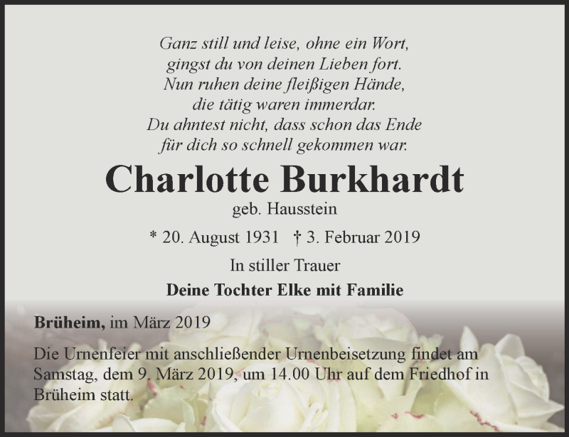 Traueranzeigen Von Charlotte Burkhardt Trauer In Thueringen De