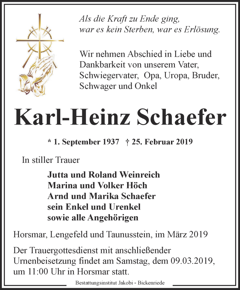 Traueranzeigen Von Karl Heinz Schaefer Trauer In Thueringen De