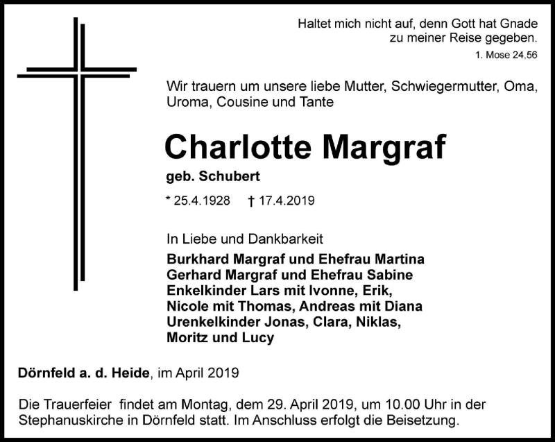 Traueranzeigen Von Charlotte Margraf Trauer In Thueringen De