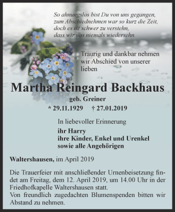 Traueranzeigen Von Martha Reingard Backhaus Trauer In Thueringen De