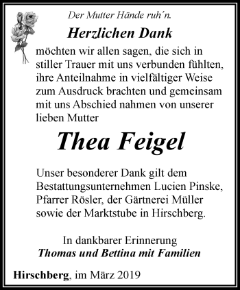 Traueranzeige von Thea Feigel von Ostthüringer Zeitung
