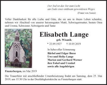 Traueranzeige von Elisabeth Lange von Ostthüringer Zeitung, Thüringische Landeszeitung