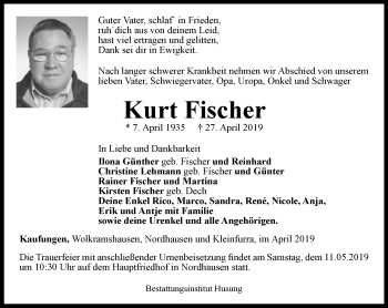 Traueranzeige von Kurt Fischer von Thüringer Allgemeine