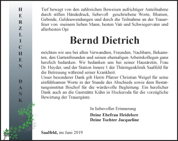 Traueranzeige von Bernd Dietrich von Ostthüringer Zeitung
