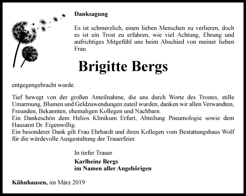 Traueranzeigen Von Brigitte Bergs Trauer In Thueringen De