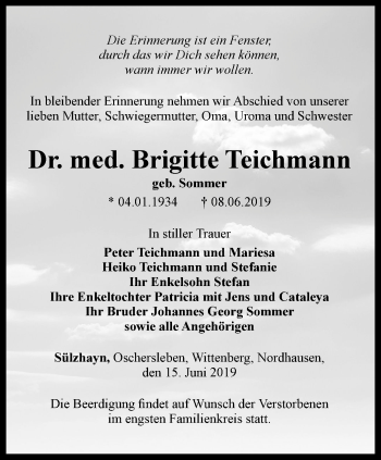 Traueranzeigen Von Brigitte Teichmann Trauer In Thueringen De