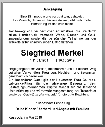 Traueranzeige von Siegfried Merkel von Ostthüringer Zeitung