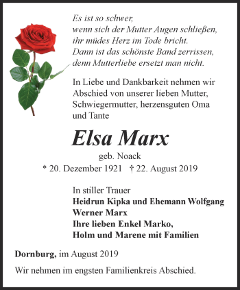 Traueranzeigen Von Elsa Marx Trauer In Thueringen De