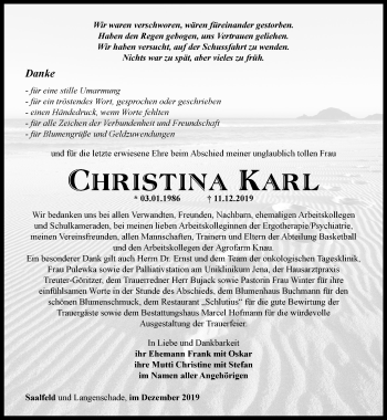 Traueranzeigen Von Christina Karl Trauer In Thueringen De