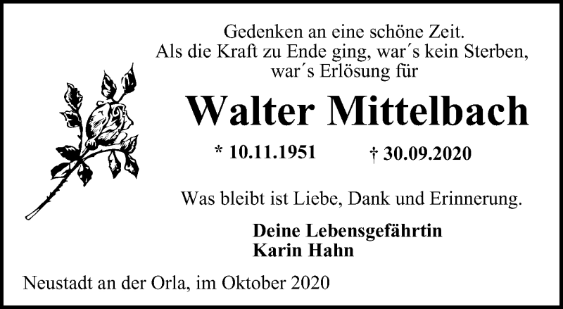  Traueranzeige für Walter Mittelbach vom 09.10.2020 aus Ostthüringer Zeitung
