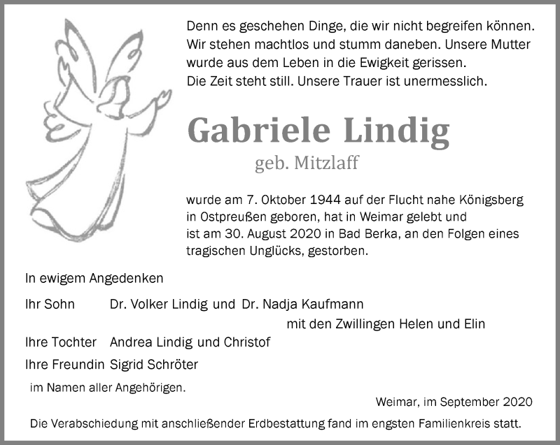  Traueranzeige für Gabriele Lindig vom 26.09.2020 aus Thüringer Allgemeine