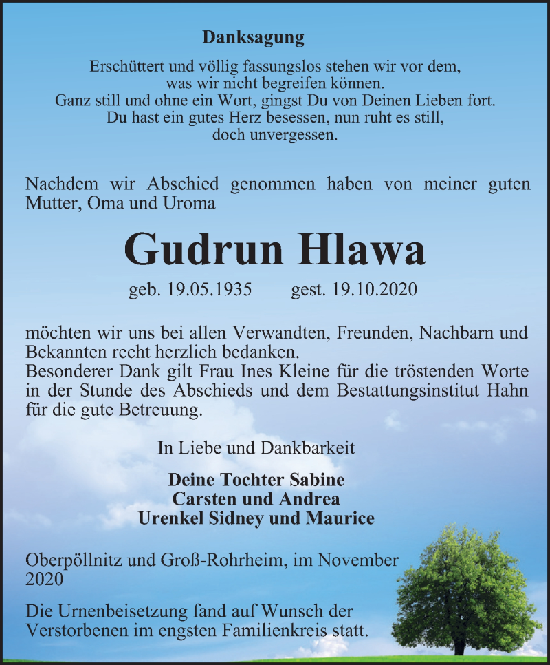  Traueranzeige für Gudrun Hlawa vom 25.11.2020 aus Ostthüringer Zeitung