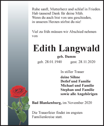 Traueranzeige von Edith Langwald von Ostthüringer Zeitung
