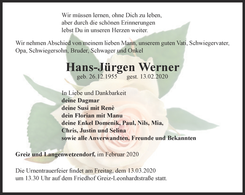 Traueranzeigen Von Hans J Rgen Werner Trauer In Thueringen De