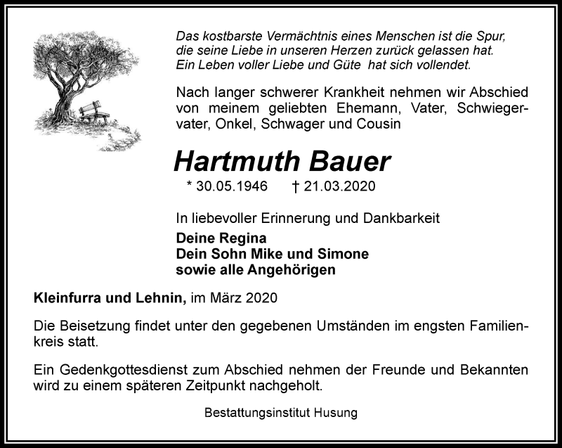  Traueranzeige für Hartmuth Bauer vom 25.03.2020 aus Thüringer Allgemeine