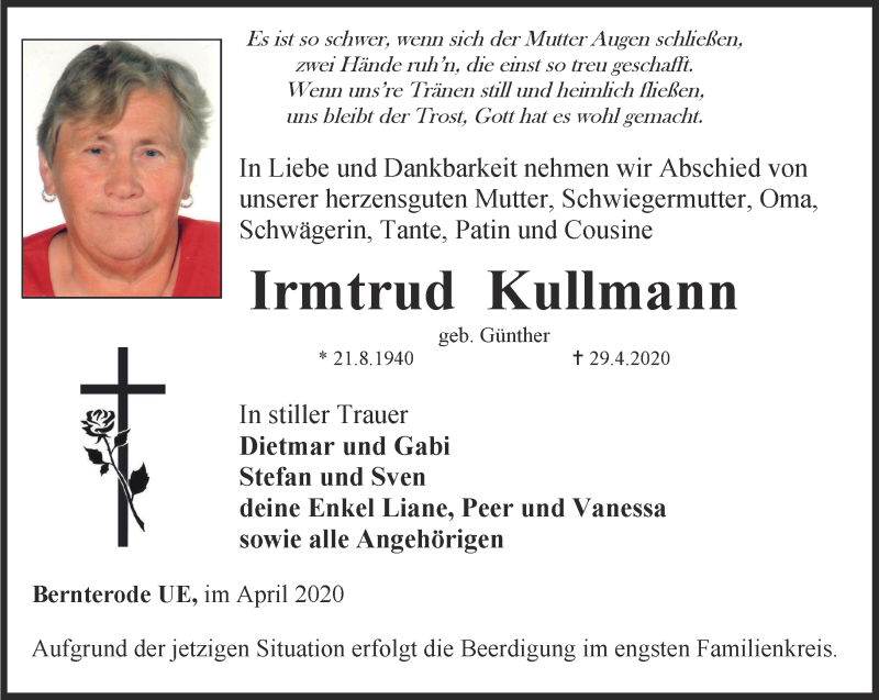  Traueranzeige für Irmtrud Kullmann vom 01.05.2020 aus Thüringer Allgemeine, Thüringische Landeszeitung, Ostthüringer Zeitung