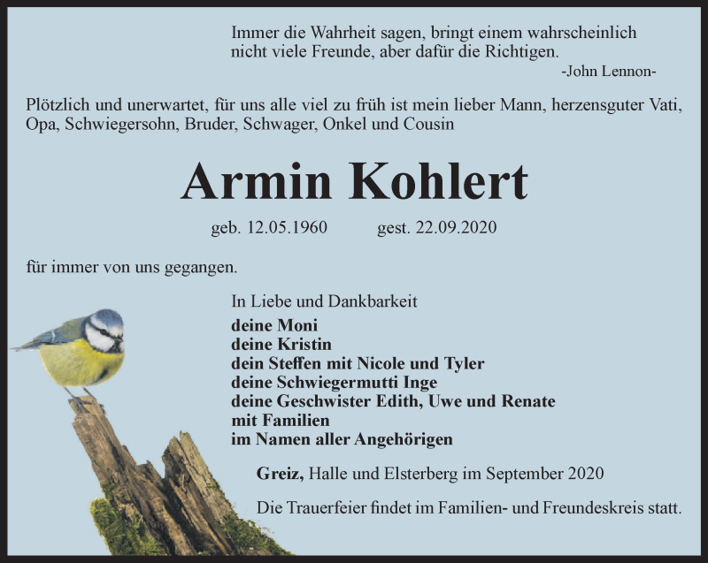  Traueranzeige für Armin Kohlert vom 25.09.2020 aus Ostthüringer Zeitung