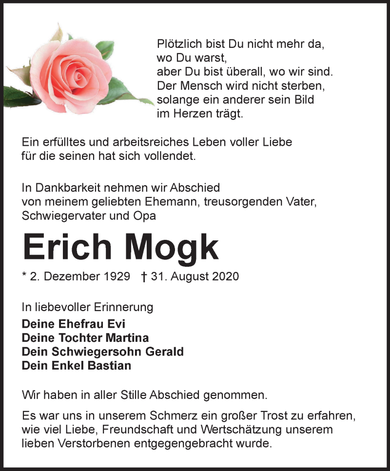  Traueranzeige für Erich Mogk vom 26.09.2020 aus Thüringer Allgemeine, Thüringische Landeszeitung