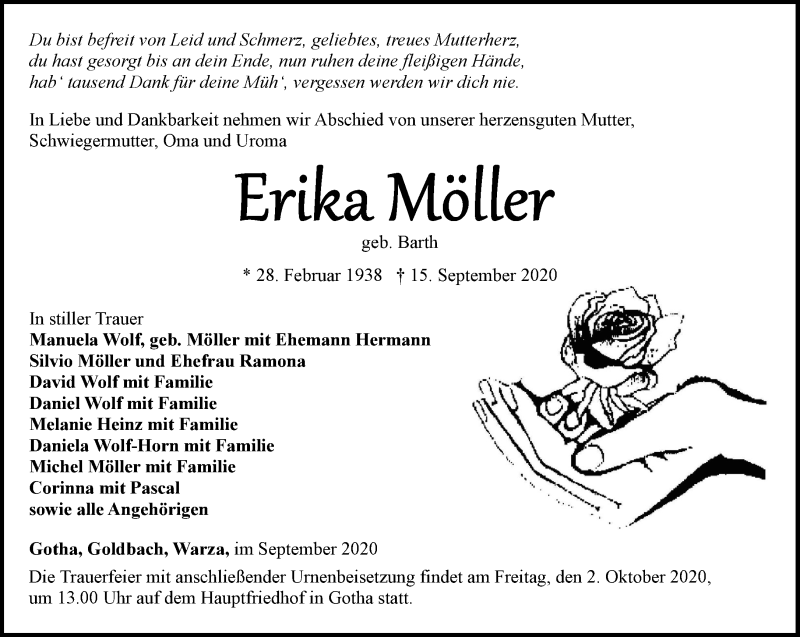  Traueranzeige für Erika Möller vom 19.09.2020 aus Thüringer Allgemeine, Thüringische Landeszeitung