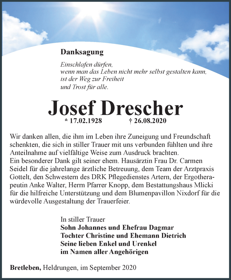 Traueranzeigen Von Josef Drescher Trauer In Thueringen De