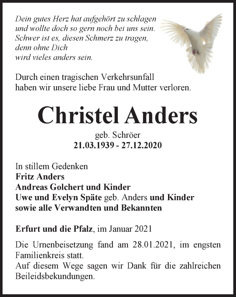 Traueranzeigen Von Christel Anders Trauer In Thueringen De