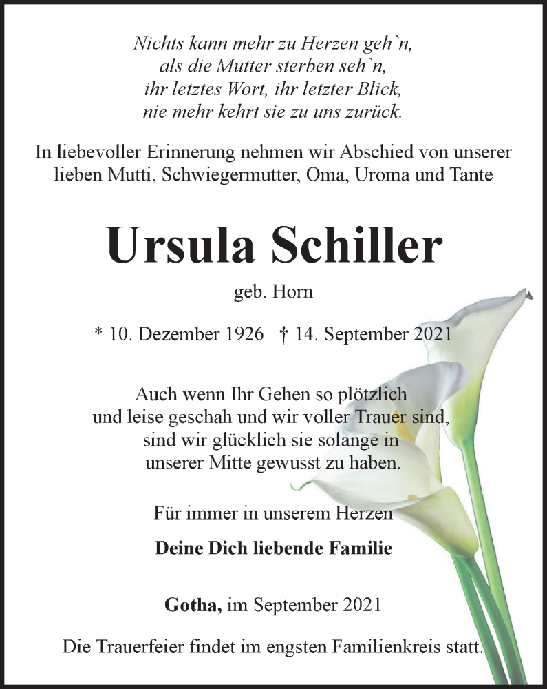 Traueranzeigen Von Ursula Schiller Trauer In Thueringen De