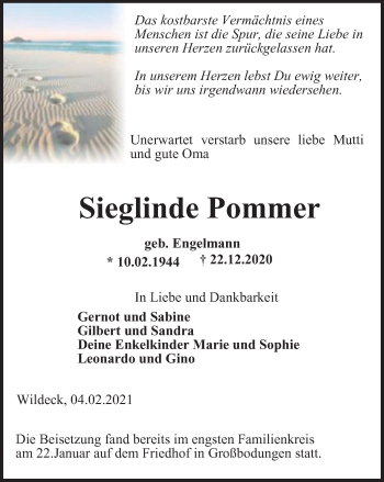 Traueranzeigen Von Sieglinde Pommer Trauer In Thueringen De