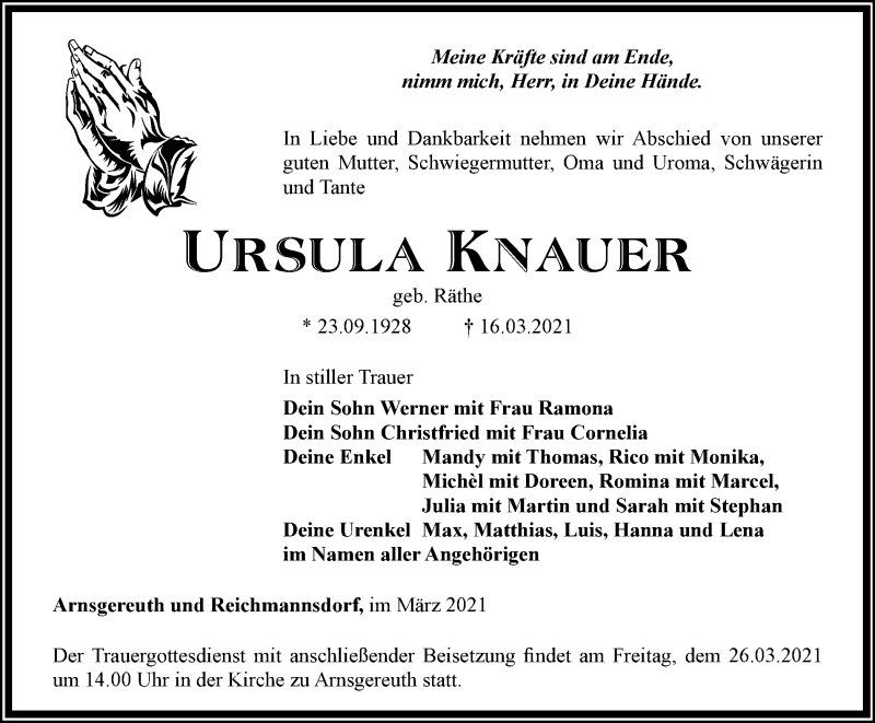 Traueranzeigen Von Ursula Knauer Trauer In Thueringen De