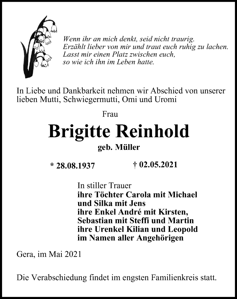 Traueranzeigen Von Brigitte Reinhold Trauer In Thueringen De