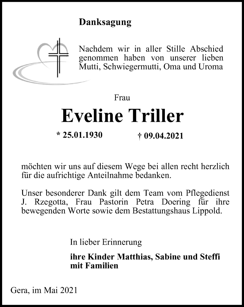 Traueranzeigen Von Eveline Triller Trauer In Thueringen De