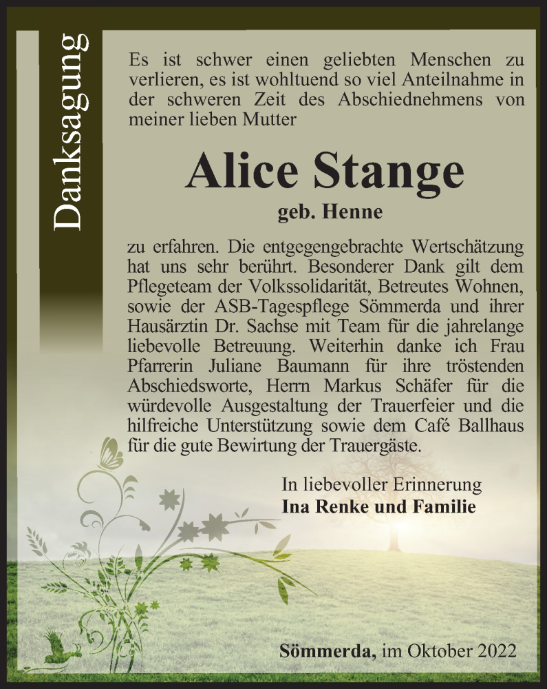 Traueranzeigen Von Alice Stange Trauer In Thueringen De