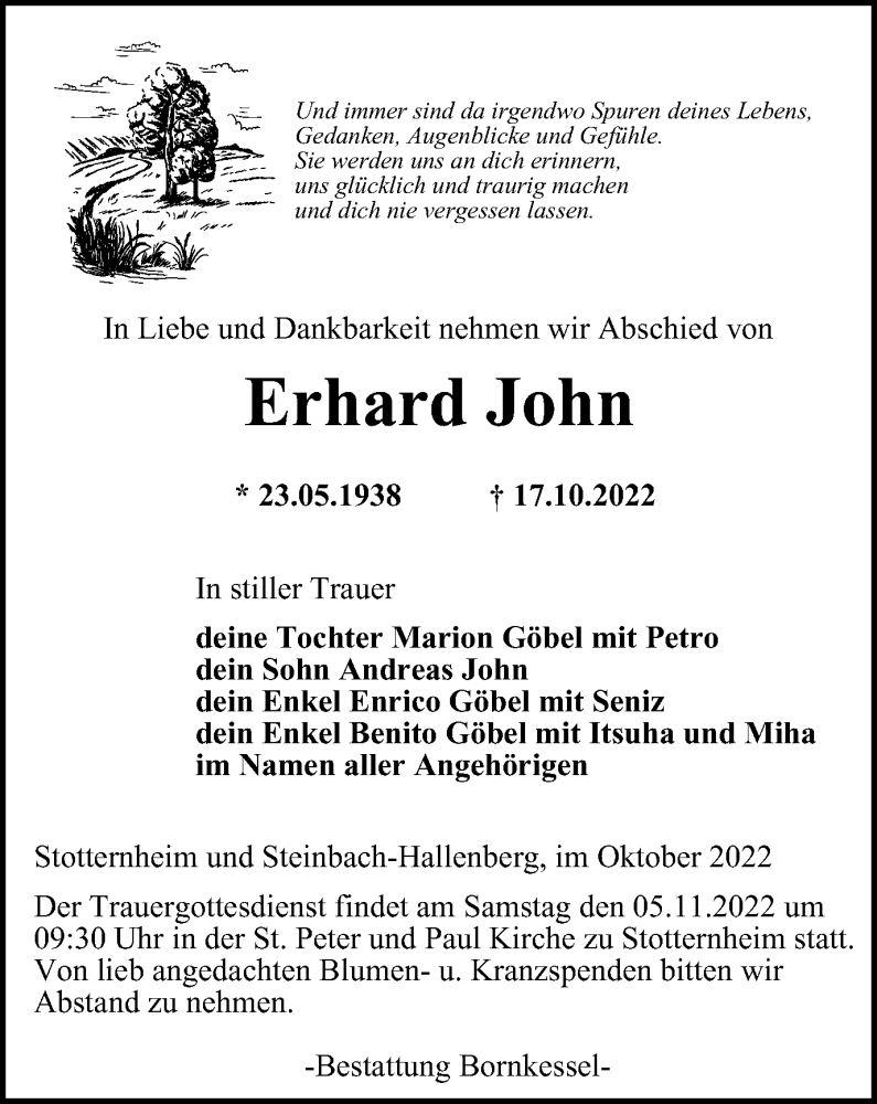 Traueranzeigen Von Erhard John Trauer In Thueringen De