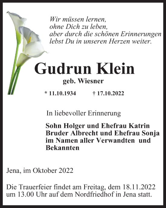 Traueranzeigen Von Gudrun Klein Trauer In Thueringen De