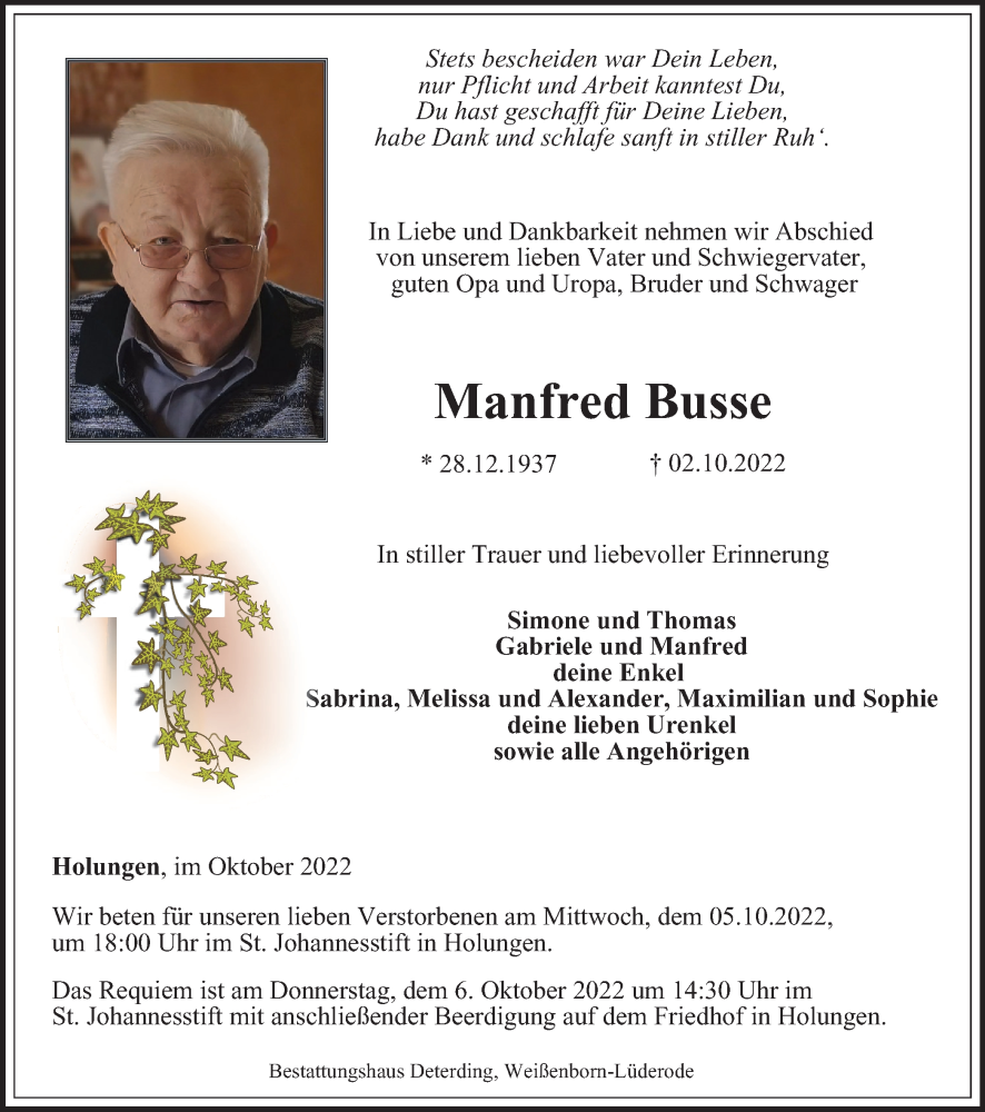 Traueranzeigen Von Manfred Busse Trauer In Thueringen De