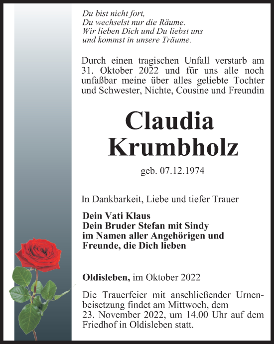 Traueranzeigen Von Claudia Krumbholz Trauer In Thueringen De