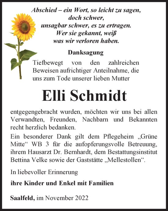 Traueranzeigen Von Elli Schmidt Trauer In Thueringen De