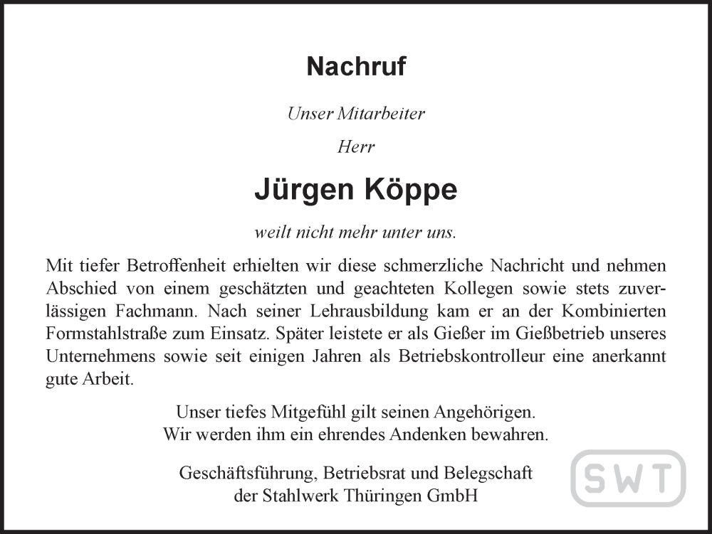 Traueranzeigen Von J Rgen K Ppe Trauer In Thueringen De