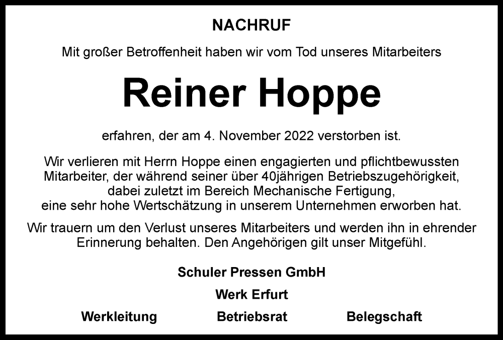 Traueranzeigen Von Reiner Hoppe Trauer In Thueringen De