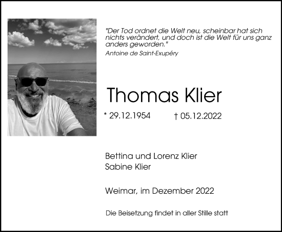 Traueranzeigen Von Thomas Klier Trauer In Thueringen De